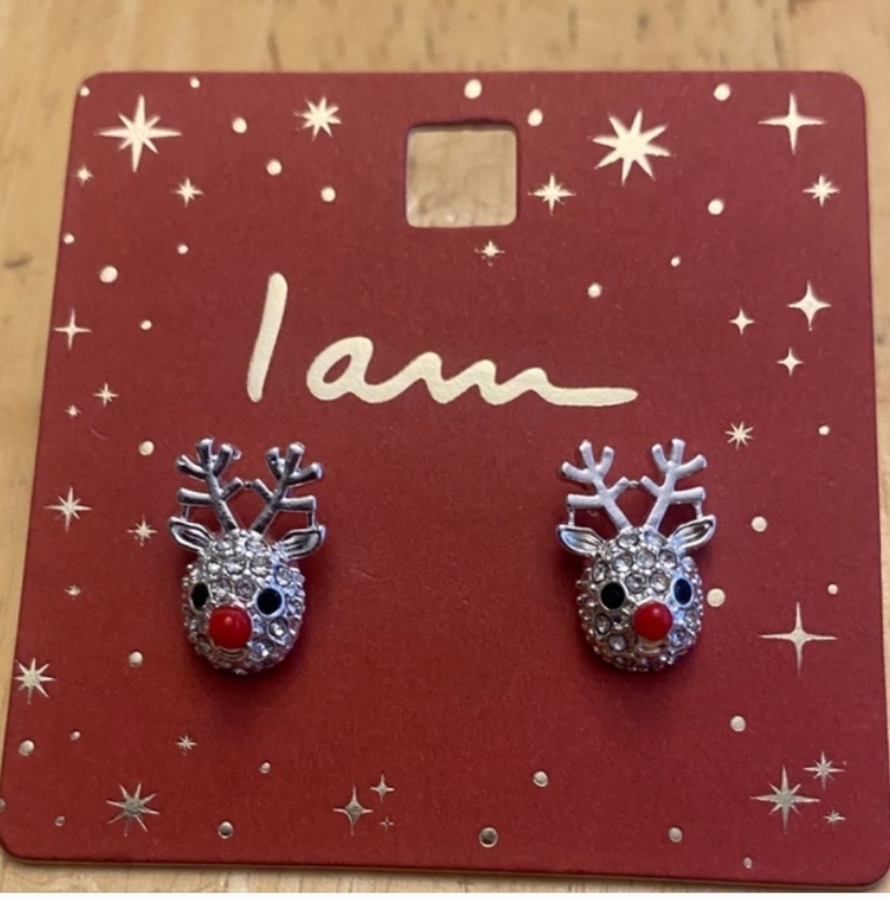 I am-  Reindeer Rhinestone Bling Earrings (Silver / Red ♥️)